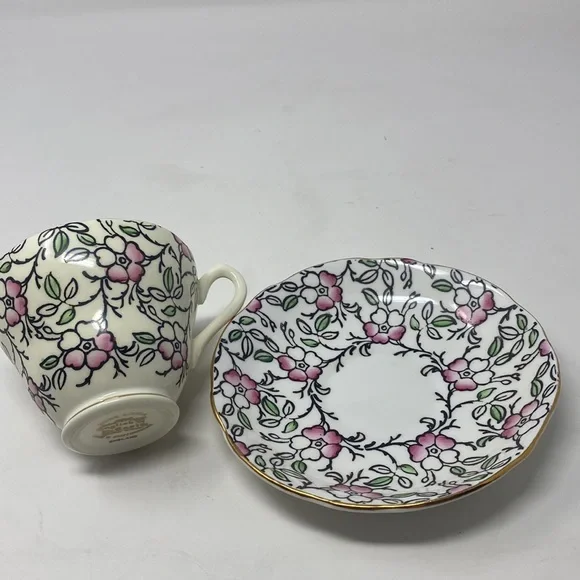 Staffordshire English Castle Teacup and Saucer, Vintage Bone‎ China MCM